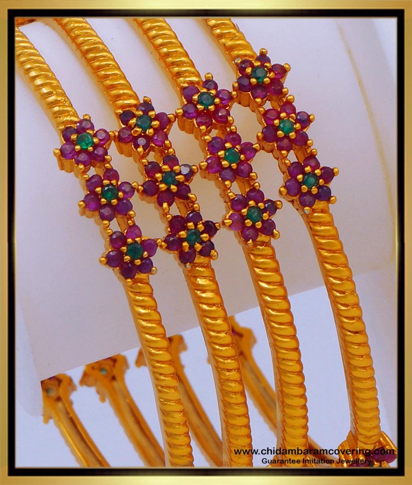 BNG616 -2.6 Size Premium Quality Flower Design Ruby Stone Modern Antique Gold Bangles Set 