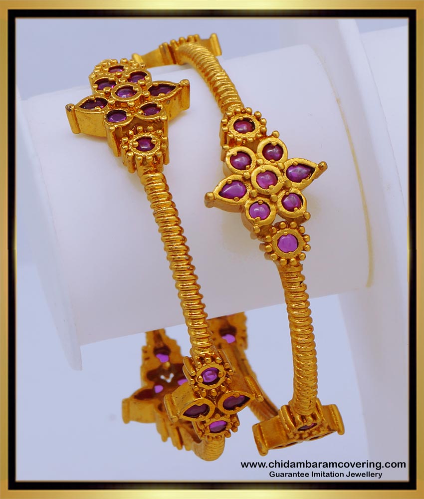 Bng619 -2.6 Size Premium Quality New Pattern Kemp Ruby Stone Antique Bangles Design Online