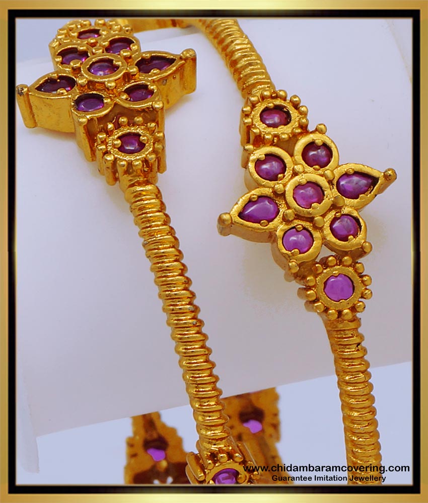 Bng619 -2.6 Size Premium Quality New Pattern Kemp Ruby Stone Antique Bangles Design Online
