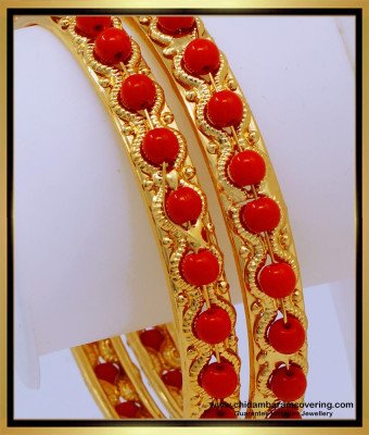 BNG664 - 2.4 Size 1 Gram Gold Plated Red Beads Bangles Designs