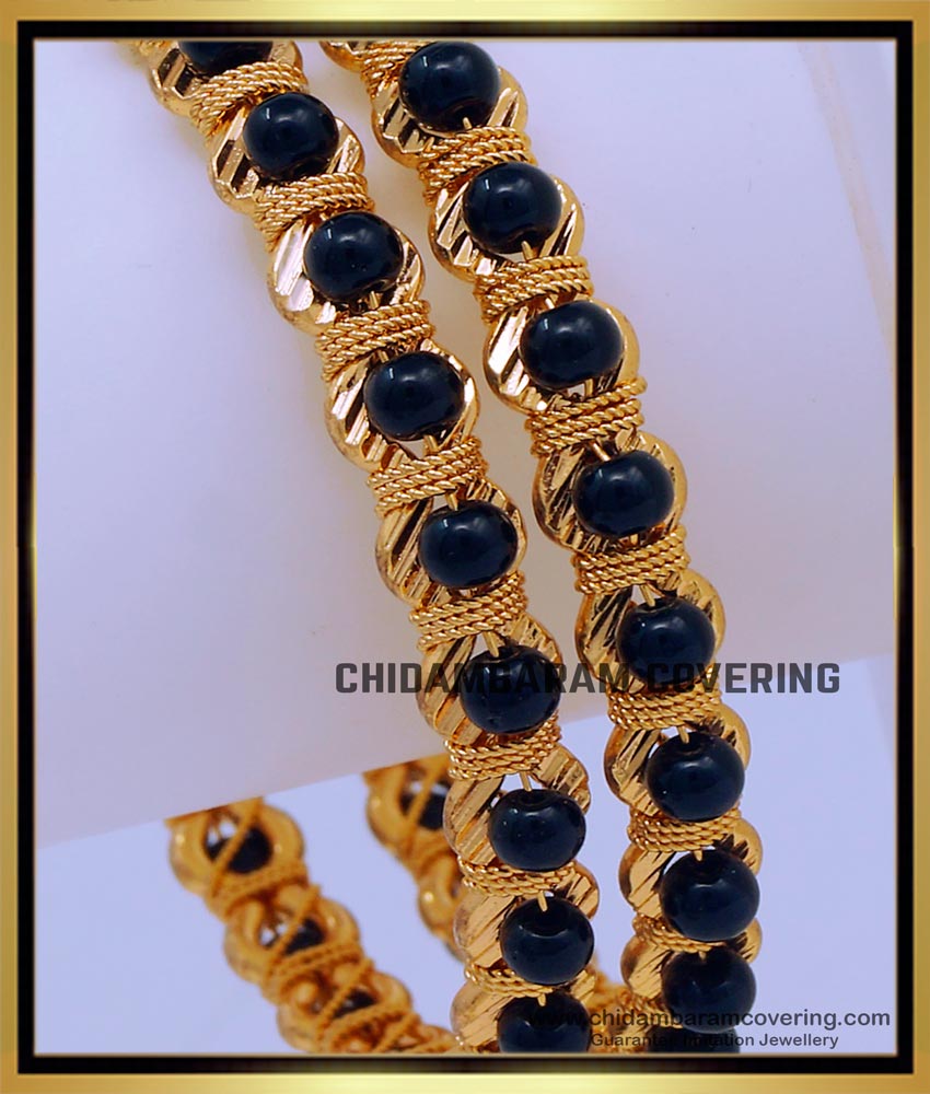 BNG683 - 2.4 Size One Gram Gold Plated Black Beads Bangles Design