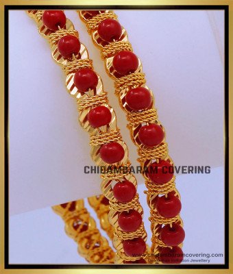 BNG684 - 2.0 Size Traditional Red Coral Gold Bangles Design for Women