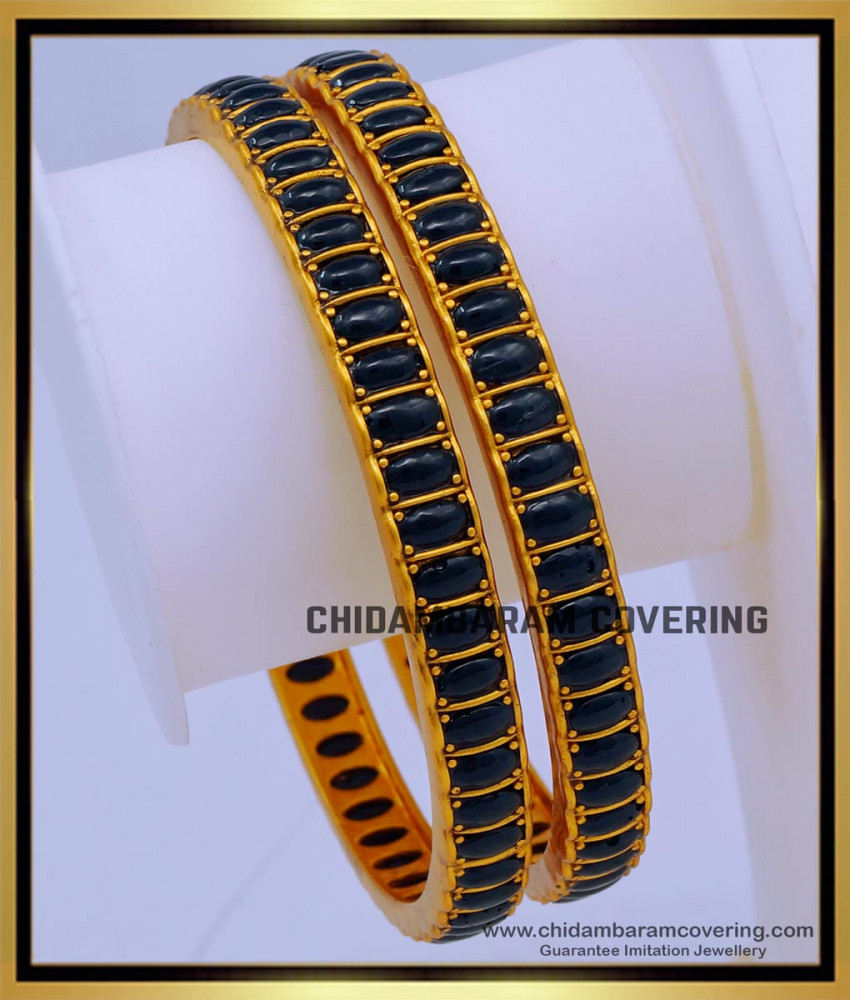 BNG691 -2.8 Size First Quality Traditional Black Kemp Stone Temple Bangles Set 