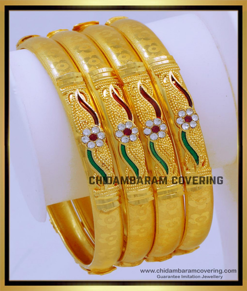 BNG712 - 2.10 Size Latest Enamel Stone Gold Bangles Set for Wedding 