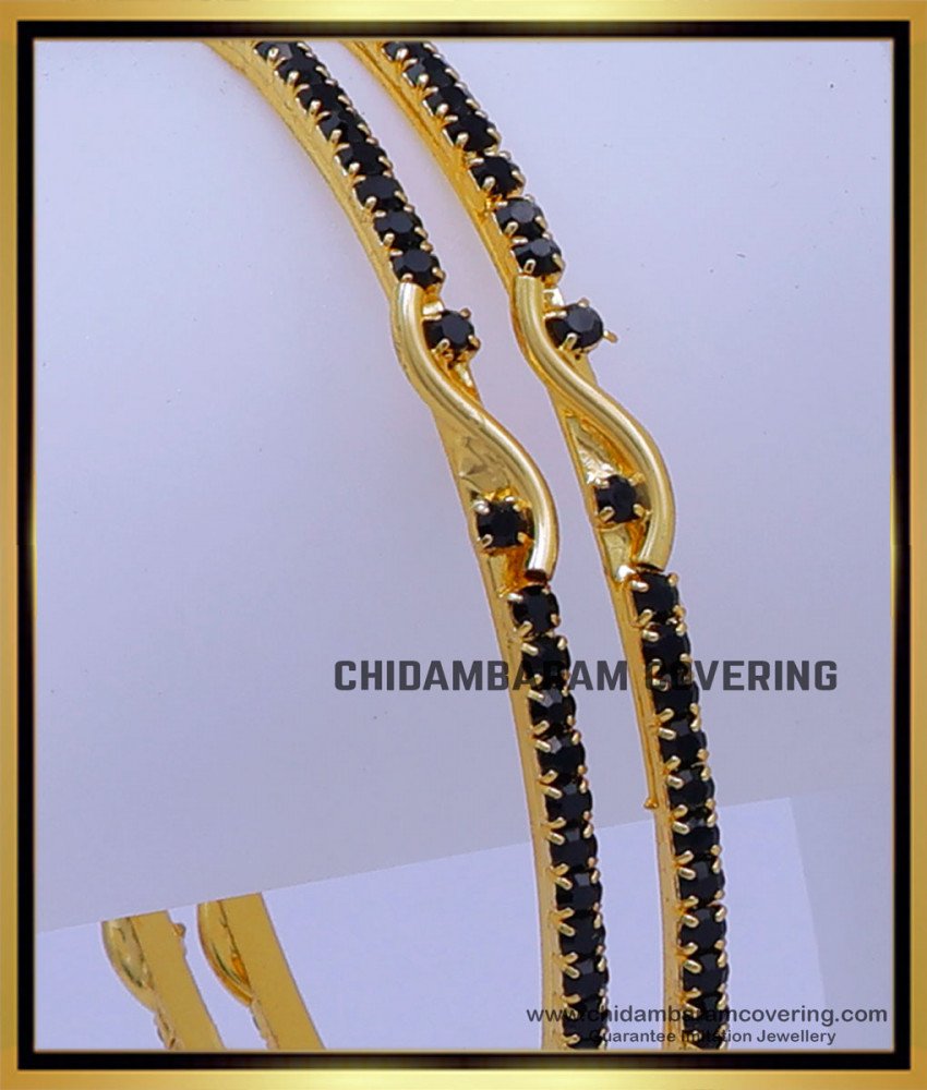 BNG719 - 2.4 Size Beautiful Gold Plated Black Stone Bangles for Ladies