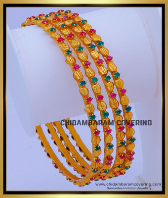 BNG721 -2.10 Size Premium Quality Ruby Emerald Stone Temple Bangles Set 