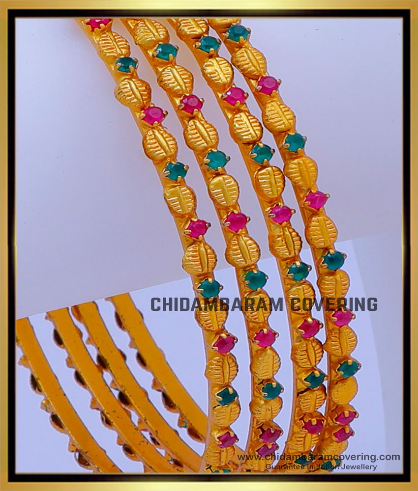 BNG721 -2.10 Size Premium Quality Ruby Emerald Stone Temple Bangles Set 