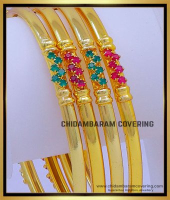 BNG725 - 2.6 Size Latest Ruby Emerald Stone 1gm Gold Plated Bangles