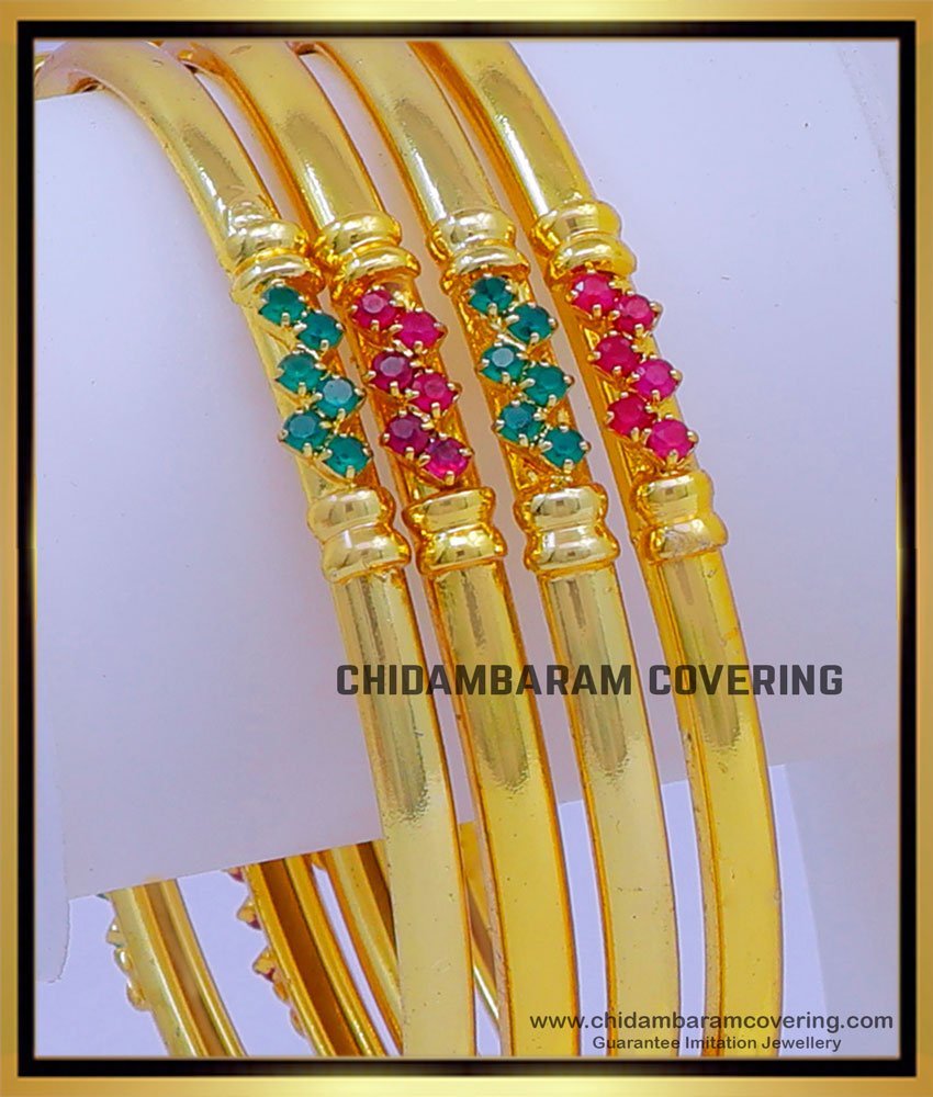 BNG725 - 2.8 Size Latest Ruby Emerald Stone 1gm Gold Plated Bangles