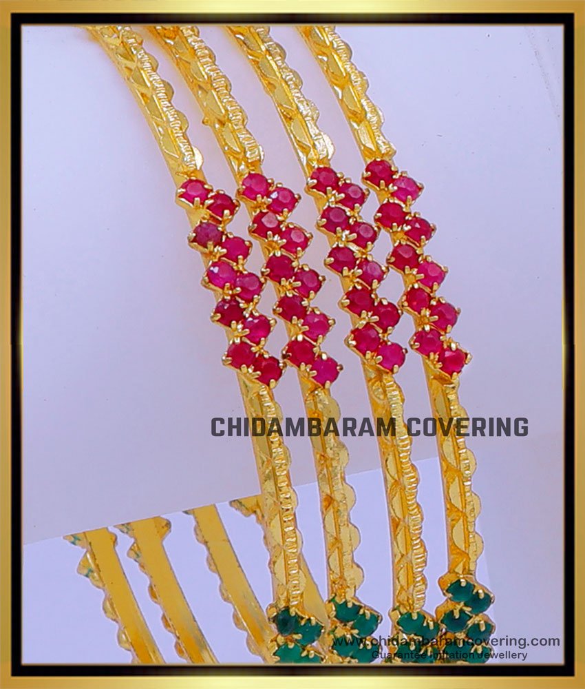 BNG726 - 2.6 Size Bridal Wear Ruby Emerald Ad Stone Bangles Set Online