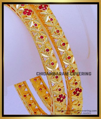 BNG728 - 2.8 Size Real Gold Look Ruby Stone Bangles Design for Women 