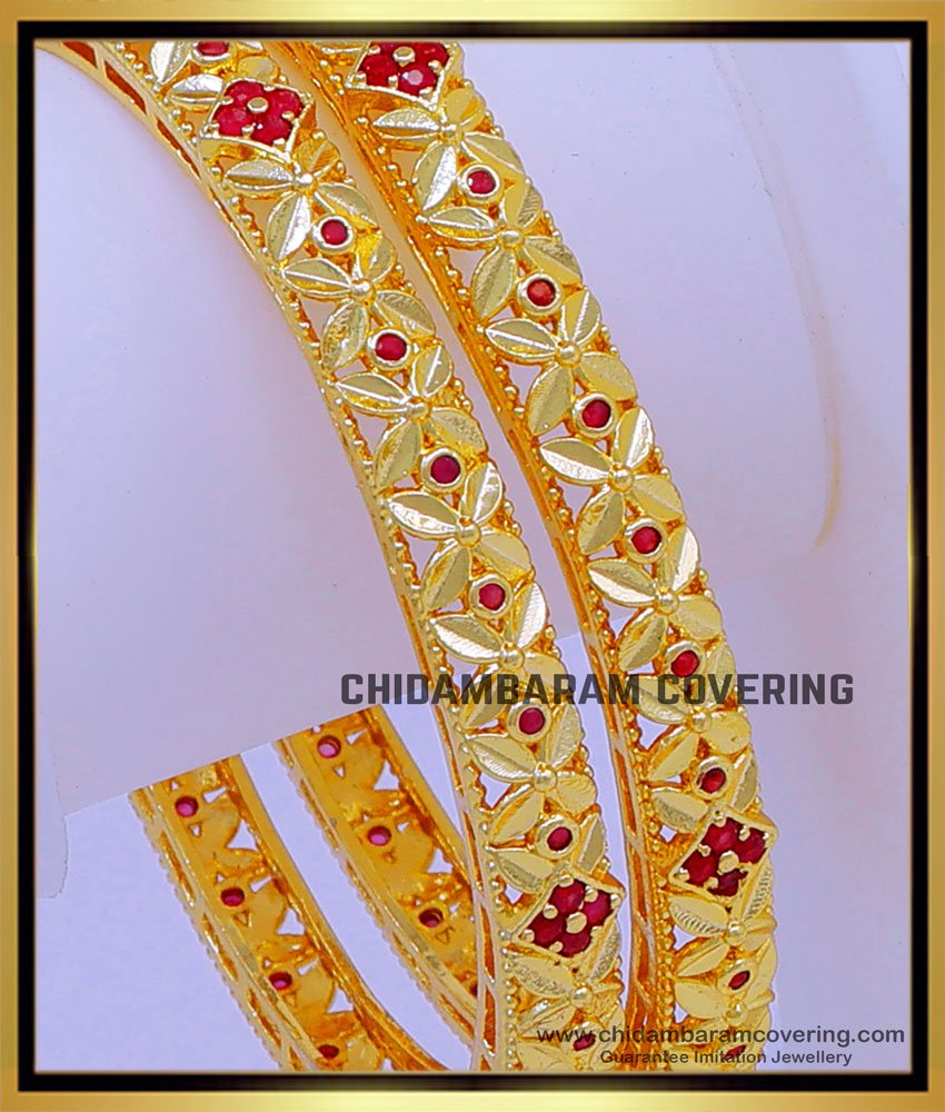BNG728 - 2.8 Size Real Gold Look Ruby Stone Bangles Design for Women 