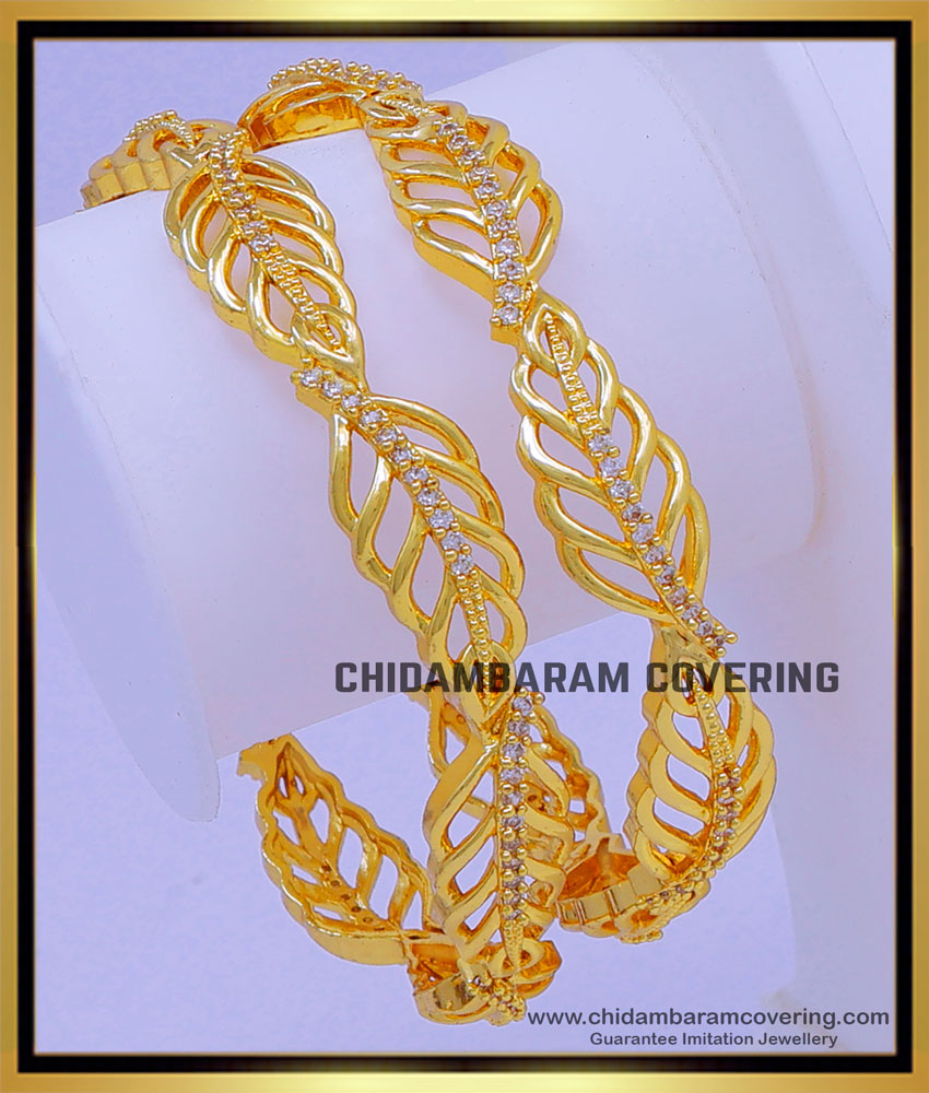 BNG730 - 2.10 Size Unique Leaf Design White Stone Gold Plated Bangles 