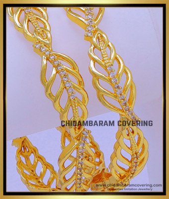BNG730 - 2.6 Size Unique Leaf Design White Stone Gold Plated Bangles 