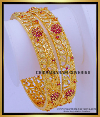 BNG733 - 2.6 Size Gold Look Leaf Model Ruby Stone Bangles Design Buy Online