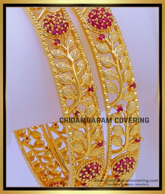 BNG733 - 2.6 Size Gold Look Leaf Model Ruby Stone Bangles Design Buy Online