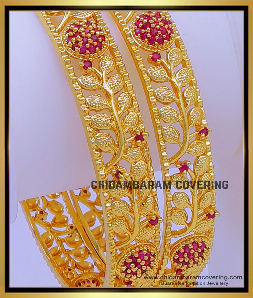 BNG733 - 2.6 Size Gold Look Leaf Model Ruby Stone Bangles Design Buy Online
