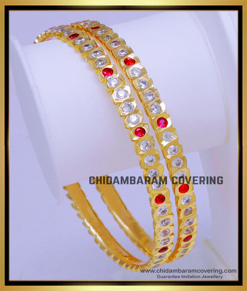 BNG761 - 2.10 White and Ruby Stone Impon Stone Bangles for Women