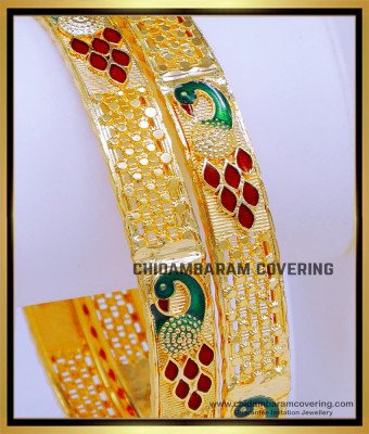 BNG768 - 2.10 Size Beautiful Peacock Design Forming Gold Enamel Bangles 