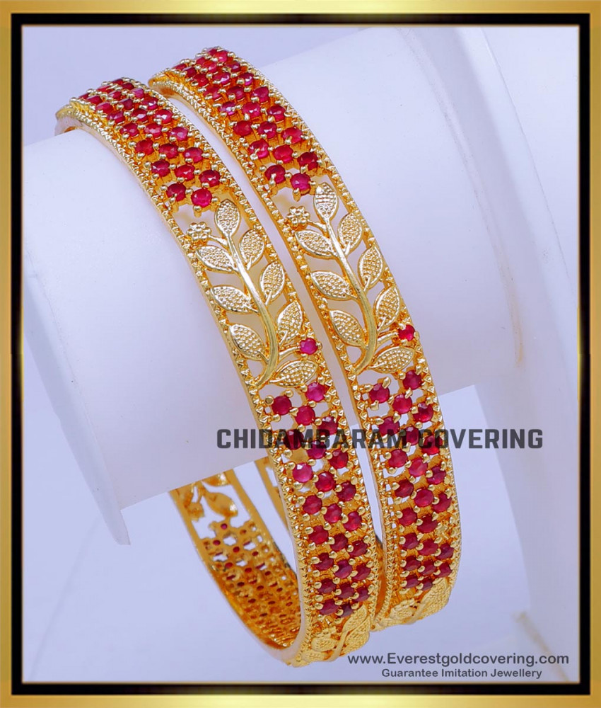 BNG779 - 2.6 Size Elegant Leaf Design Ruby Stone 1 Gram Gold Bangles