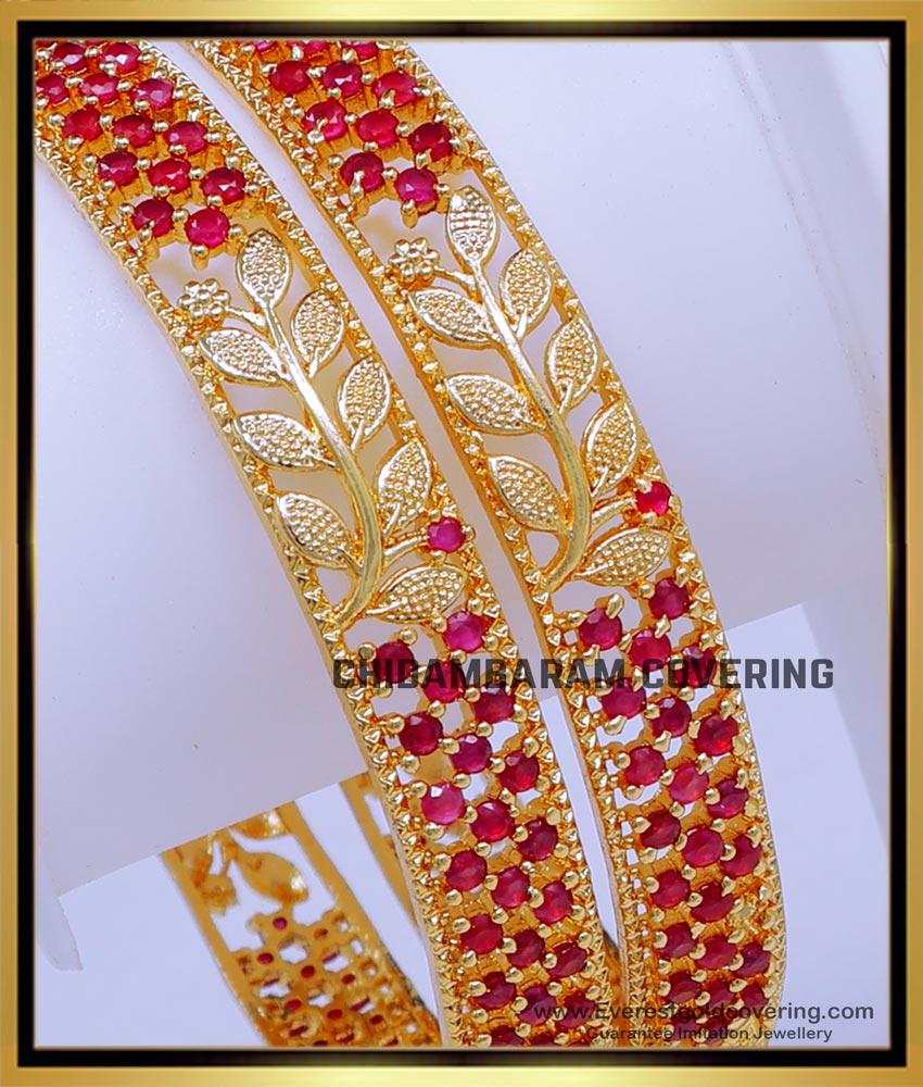 BNG779 - 2.6 Size Elegant Leaf Design Ruby Stone 1 Gram Gold Bangles