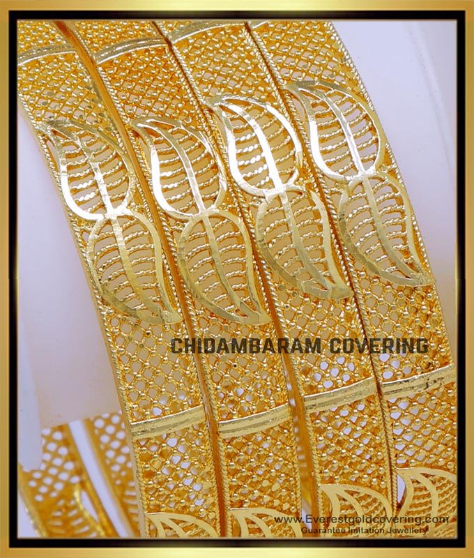 BNG815 - 2.6 Size Latest Leaf Design Bridal Wear Gold Bangles Set Online