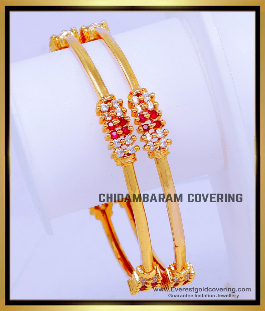 BNG850 - 2.8 Size1 Gram Gold Ruby and White Stone Bangles for Women