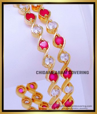 BNG854 - 2.6 Impon White and Ruby Stone Bangles Gold Design