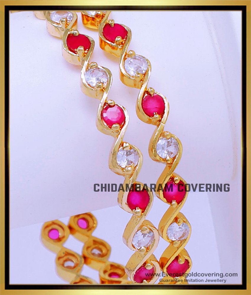 BNG854 - 2.6 Impon White and Ruby Stone Bangles Gold Design
