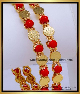BNG863 - 2.10 Latest Gold Plated Red Coral And Lakshmi Coin Bangles