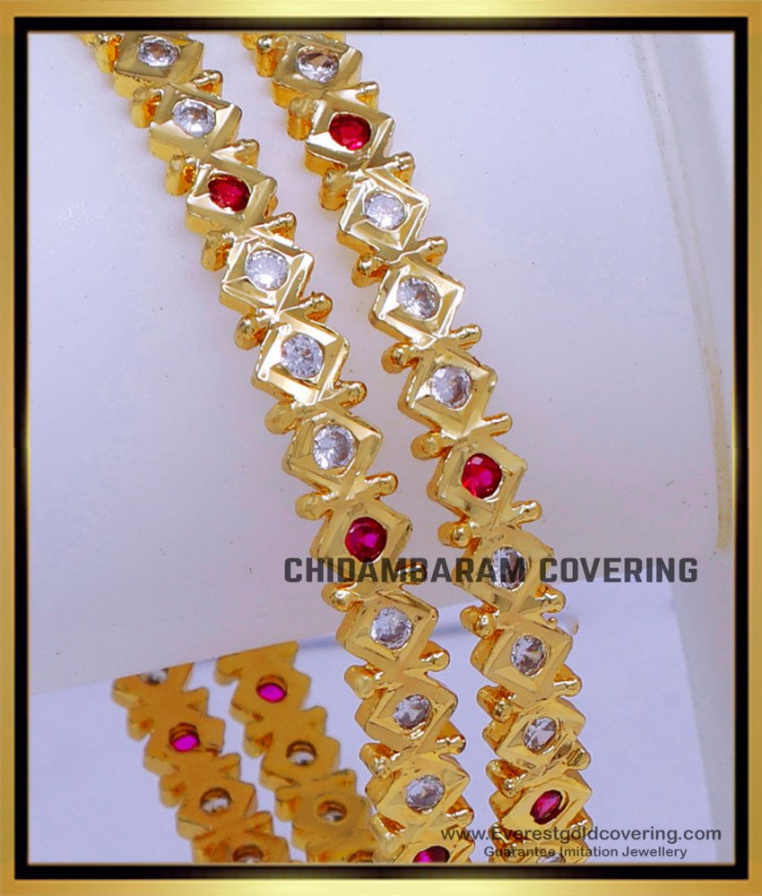 BNG871 - 2.8 Attractive White and Ruby Stone Impon Jewellery Bangles