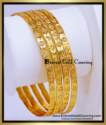 BNG927 - 2.4 New Gold Plated Daily Use Flower Design Bangles Set