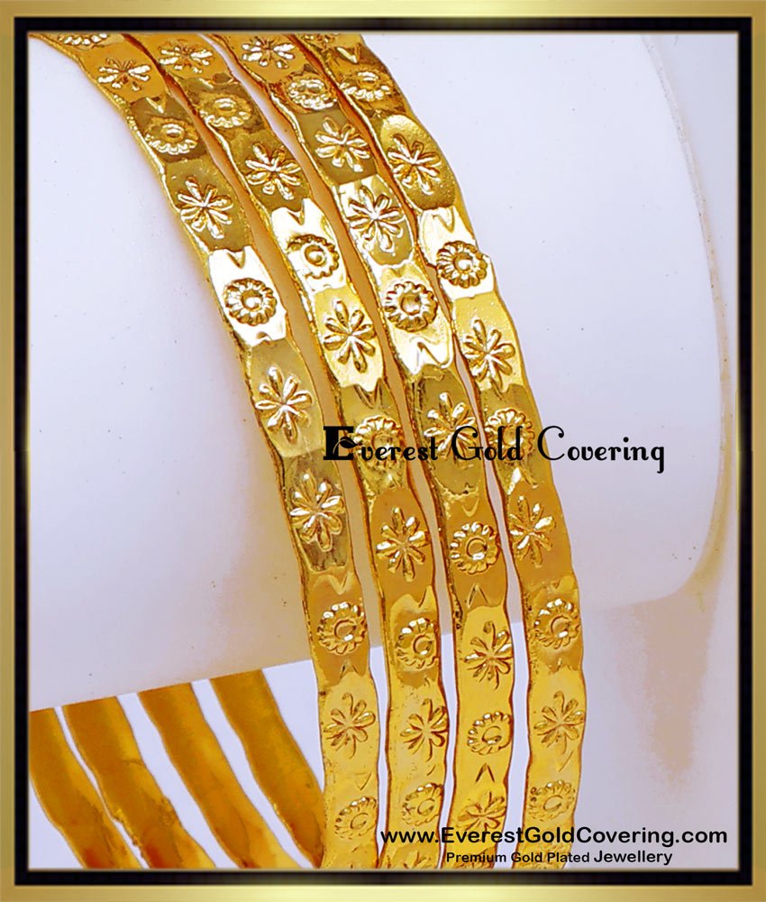 BNG927 - 2.4 New Gold Plated Daily Use Flower Design Bangles Set