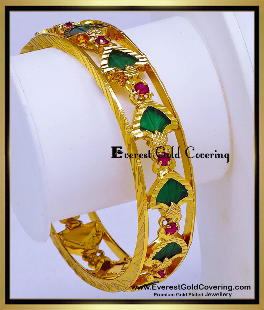 BNG936 - 2.4 Size Traditional Ruby Stone Green Palakka Kerala Bangle