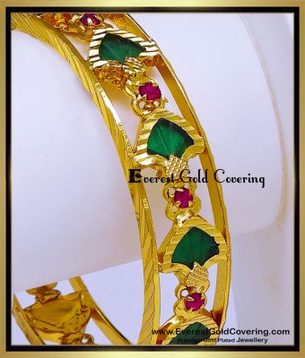BNG936 - 2.4 Size Traditional Ruby Stone Green Palakka Kerala Bangle