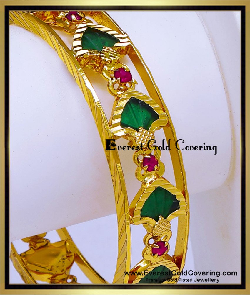BNG936 - 2.4 Size Traditional Ruby Stone Green Palakka Kerala Bangle