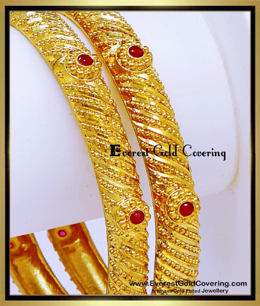 BNG955 - 2.6 Real Gold Design Ruby Stone 2 Gram Gold Forming Bangles