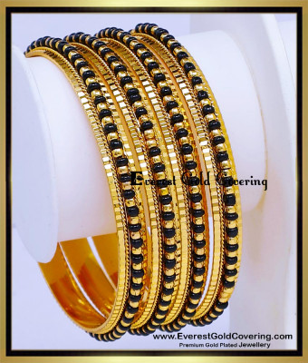 BNG973 - 2.6 Traditional Black Beads Gold Bangles for ladies