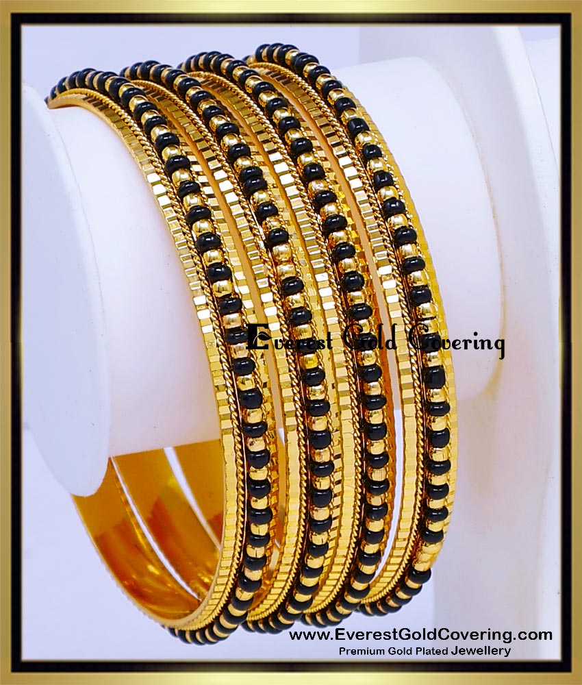 BNG973 - 2.6 Traditional Black Beads Gold Bangles for ladies