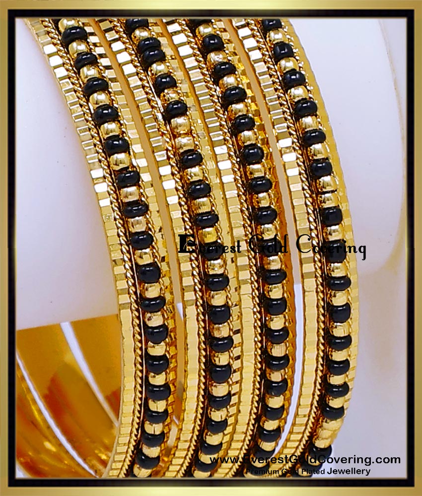 BNG973 - 2.6 Traditional Black Beads Gold Bangles for ladies