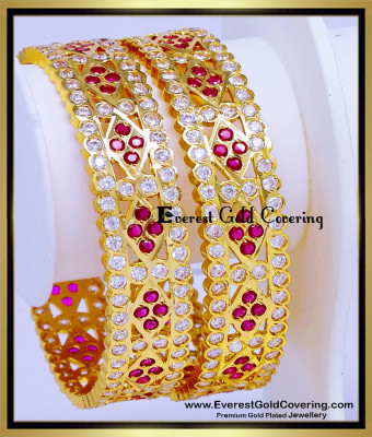BNG980 - 2.6 Latest White and Ruby Impon Stone Wide Bangles Design
