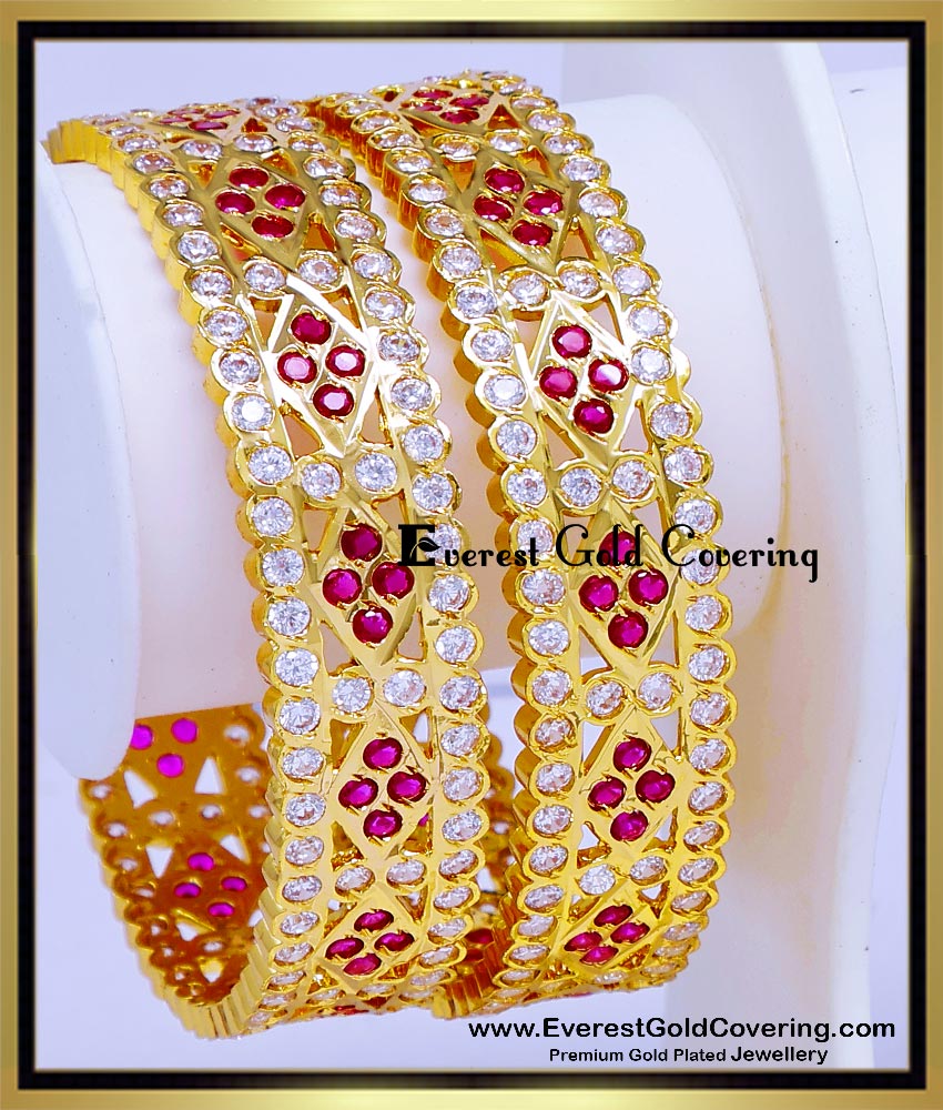 BNG980 - 2.6 Latest White and Ruby Impon Stone Wide Bangles Design