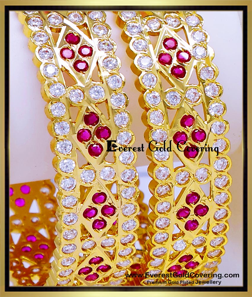 BNG980 - 2.6 Latest White and Ruby Impon Stone Wide Bangles Design