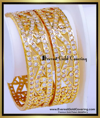 BNG983 - 2.6 Real Gold Look White Stone Impon Kada Bangles Set