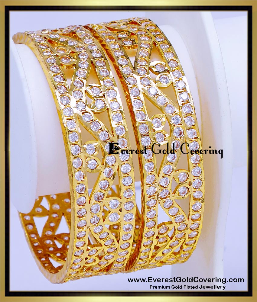 BNG983 - 2.6 Real Gold Look White Stone Impon Kada Bangles Set