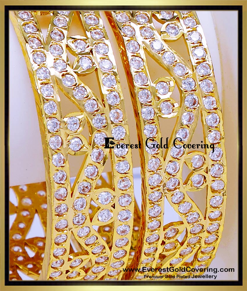 BNG983 - 2.6 Real Gold Look White Stone Impon Kada Bangles Set