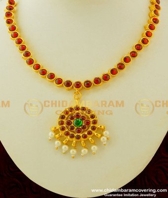 BNS07 - Temple Necklace Maroon and Green with Pearl Necklace Traditional Indian Jewellery Buy Online