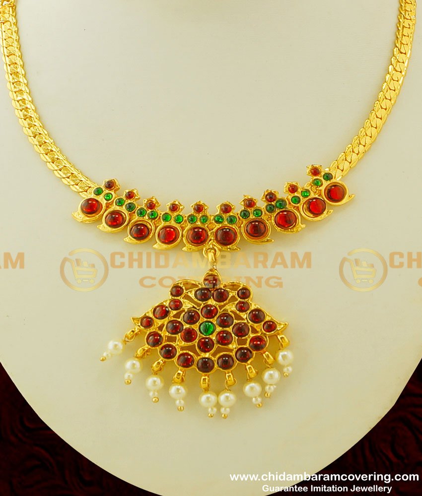 BNS08 - Imitation Kuchipudi Bharatanatyam Mango Design Short Necklace Temple Kemp Stone Necklace Online