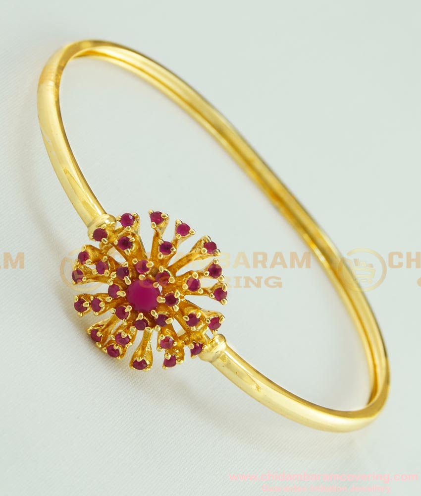 BCT110 - 2.6 size One Gram Gold Stylish Pink Stone Flower Design Open Type Kappu Bracelet for Girls