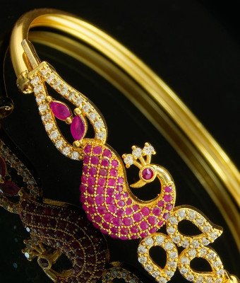 BCT130 - 2.4 New Fashion Gold Covering White and Ruby Stone Peacock Gold Kada Design Openable Bracelet 